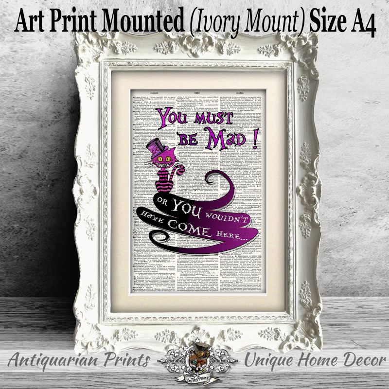 ART PRINT ON ORIGINAL ANTIQUE BOOK PAGE Alice in Wonderland Cheshire Cat Poster