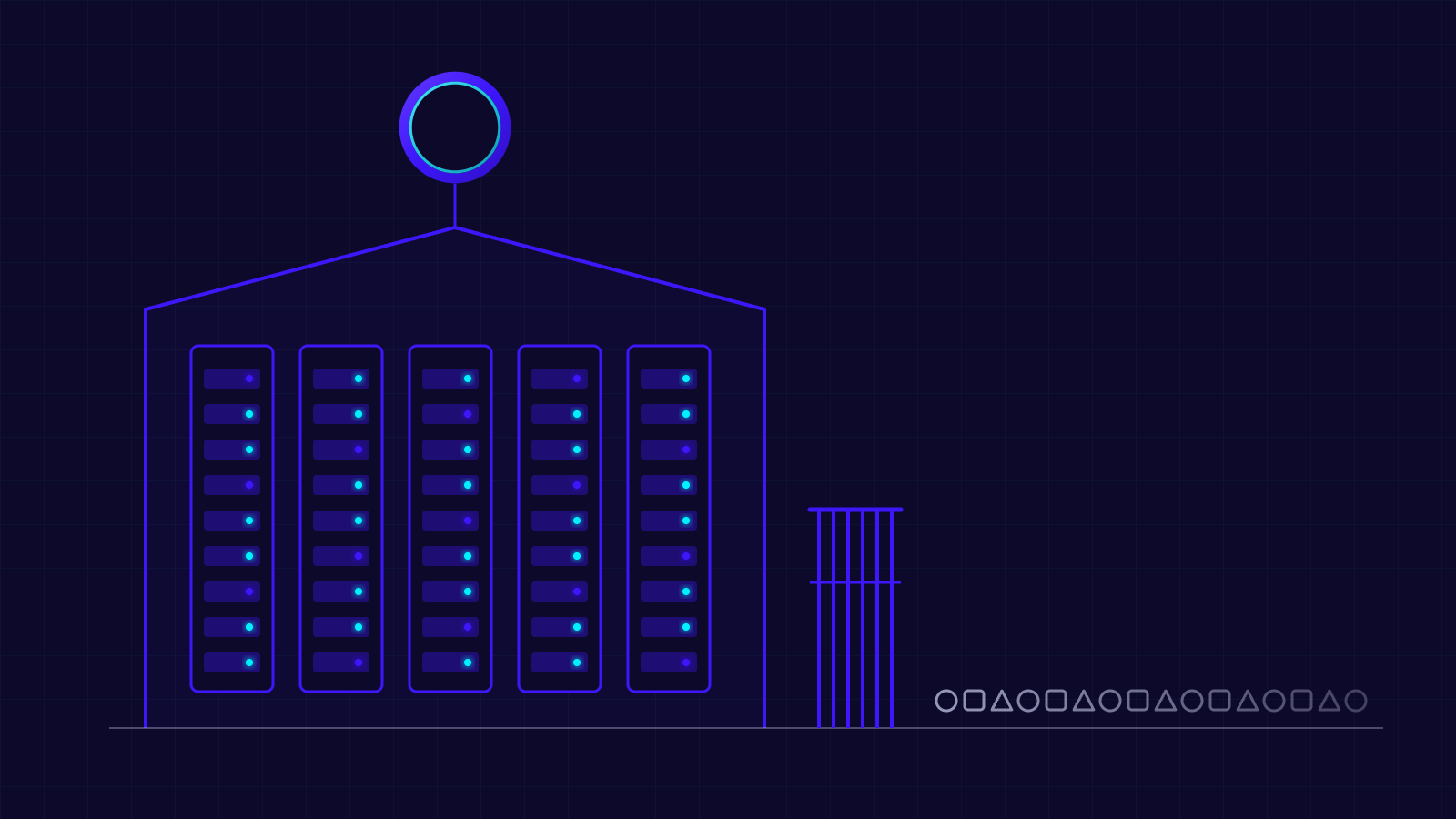 A data centre at full capacity with a queue of requests waiting at a closed gate, representing limited AI computing capacity.