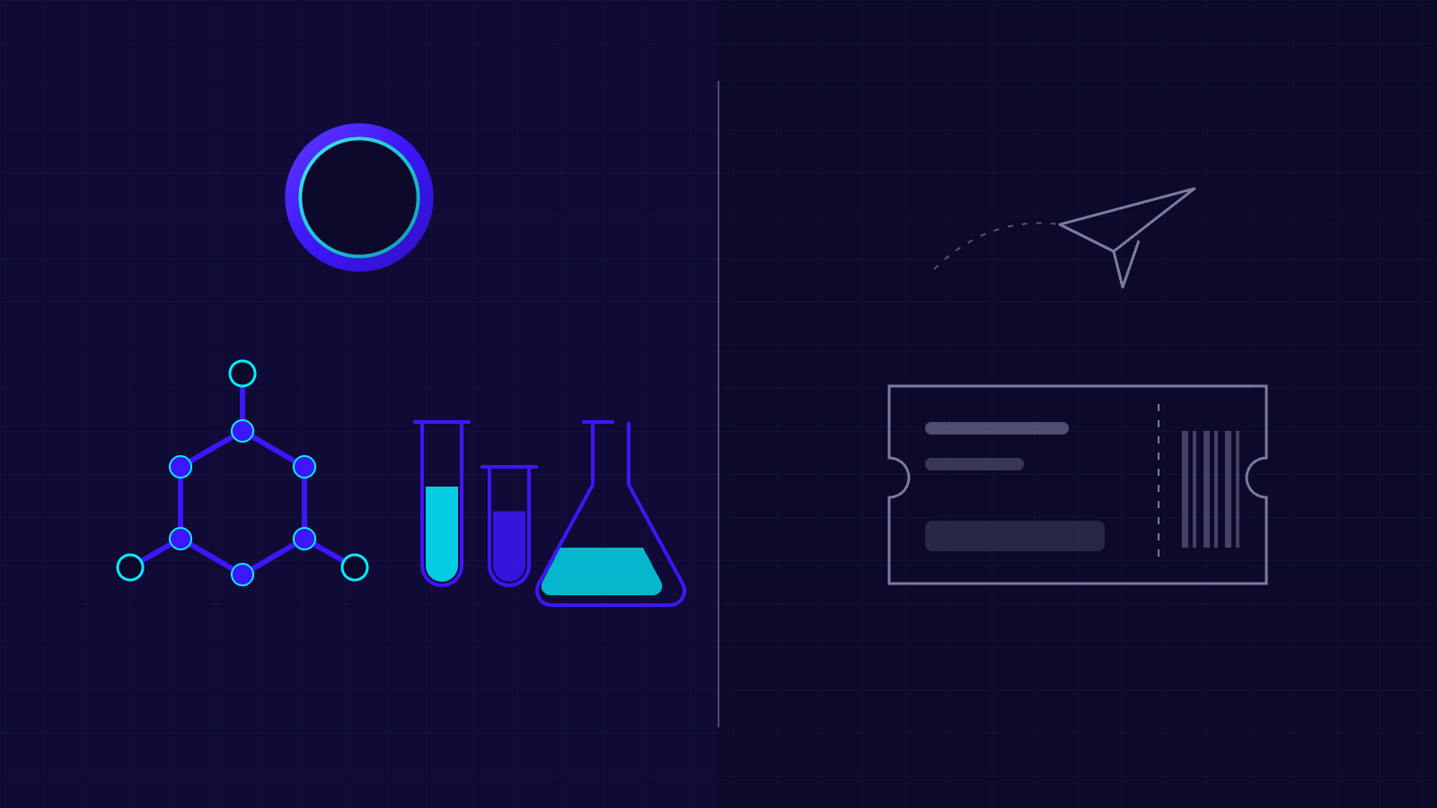 Split illustration contrasting a drug research lab, marked as high value, with a simple flight booking.