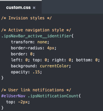 Screenshot of custom CSS