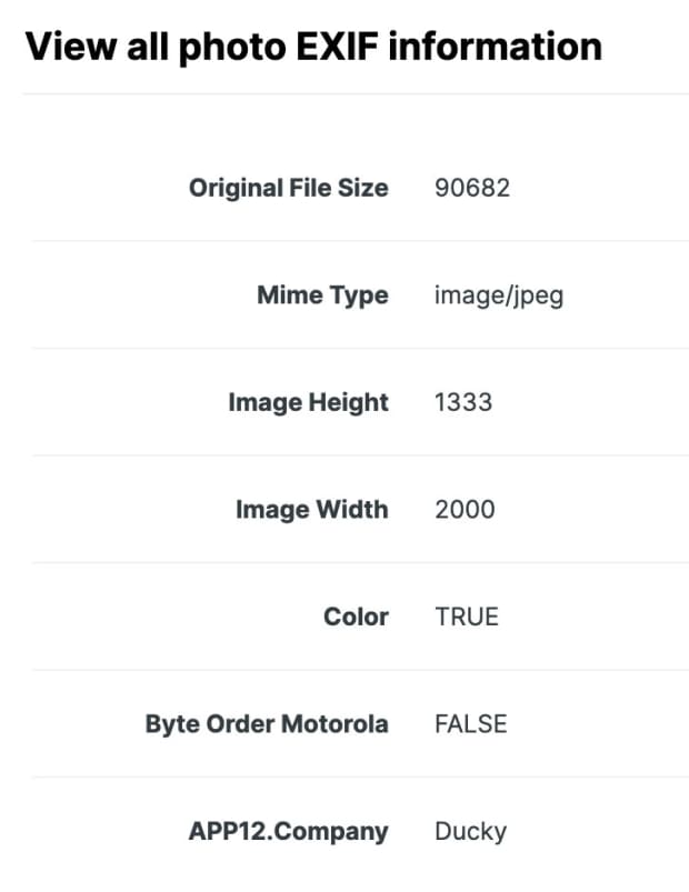 Screenshot of EXIF information