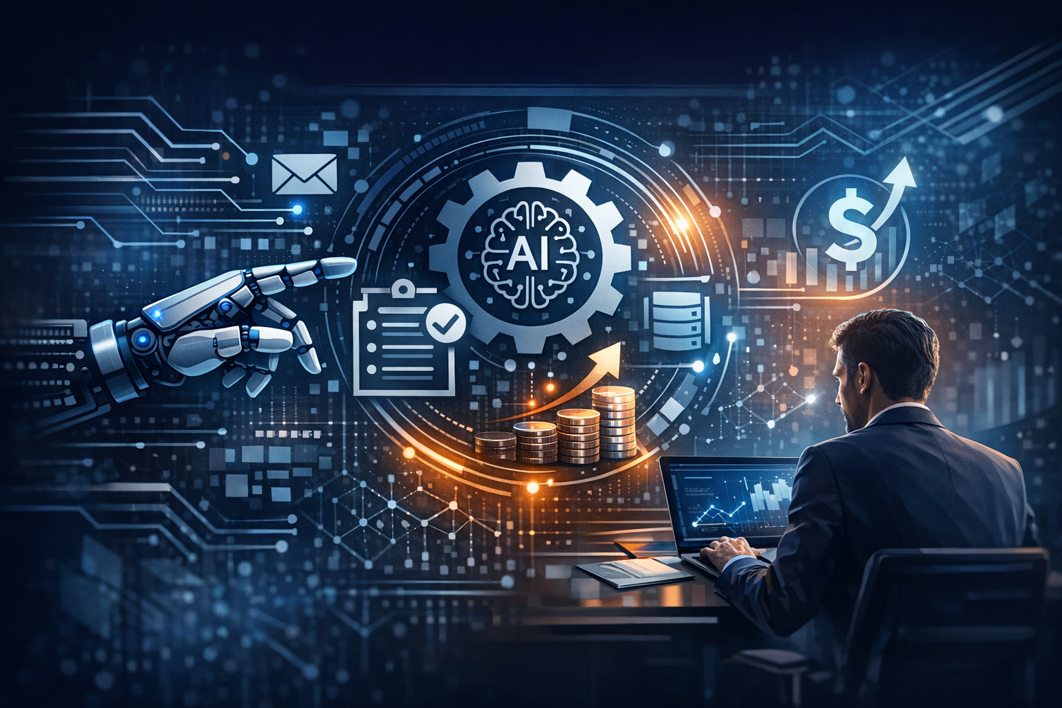 Maximizing ROI with AI Workflow Automation. A business professional working on a laptop with digital AI workflow automation graphics, charts, and robotic hand interface in the background.