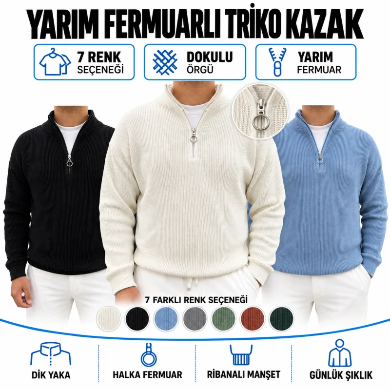 Yarım Fermuarlı Selanik Triko Kazak