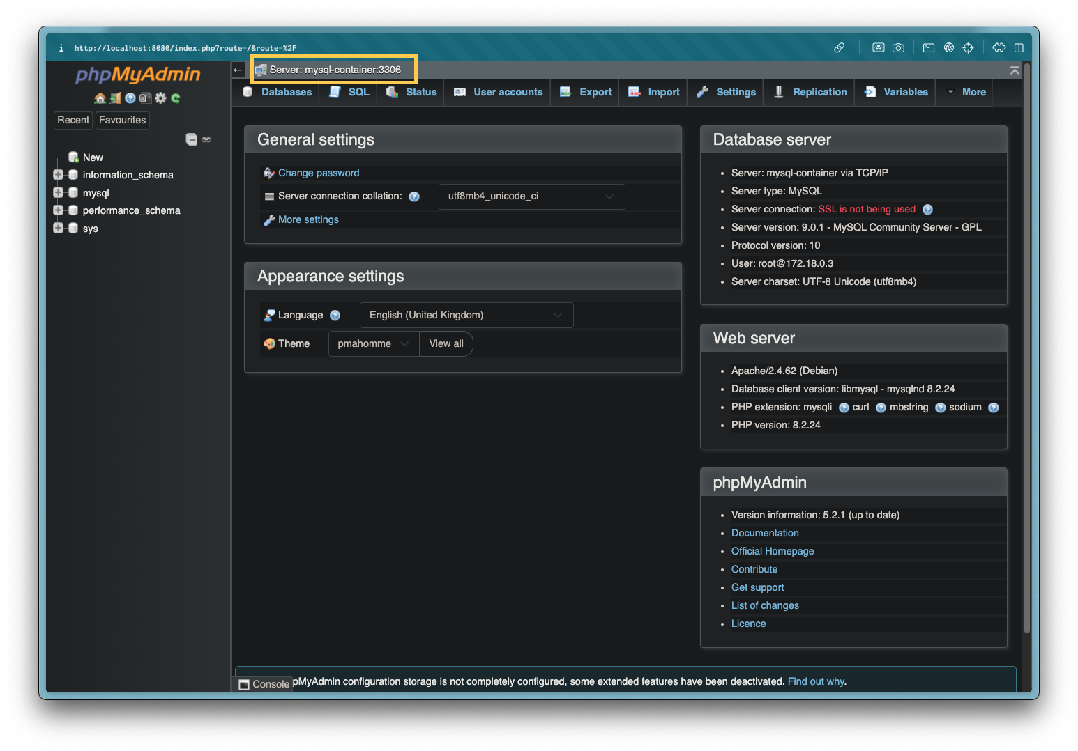 phpMyAdmin Dashboard