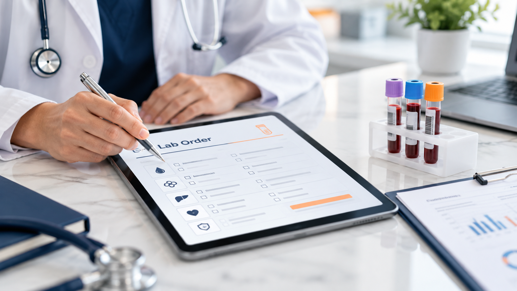 Physician reviewing a weight-loss baseline laboratory order