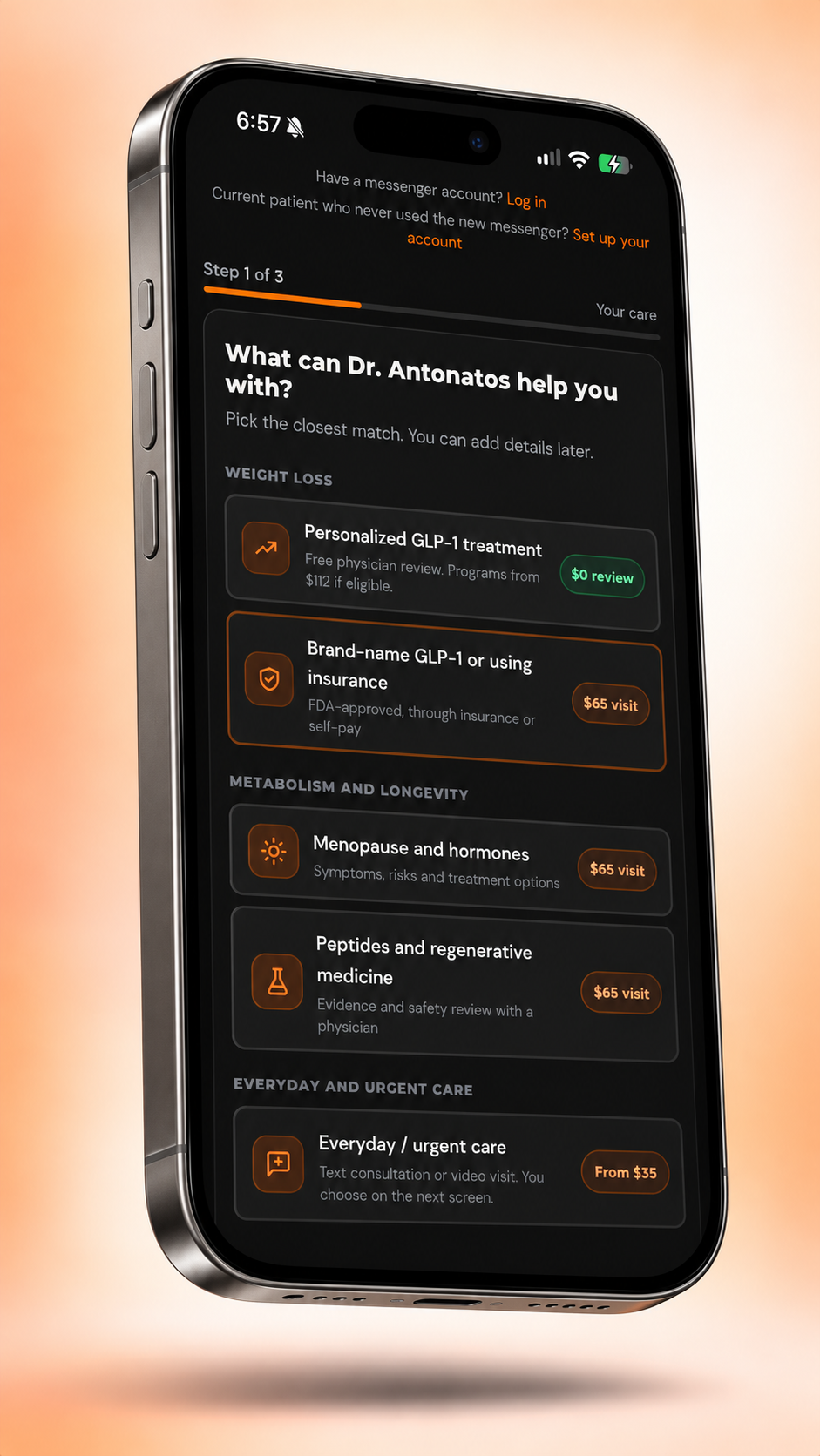 Text2MD app preview showing options for weight management, menopause, peptides, and everyday or urgent care