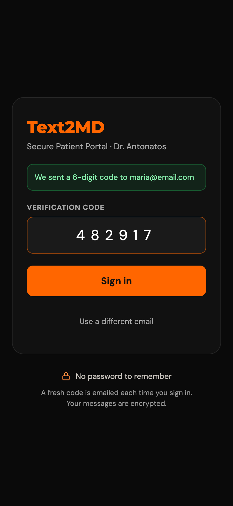 Text2MD email verification-code sign-in screen