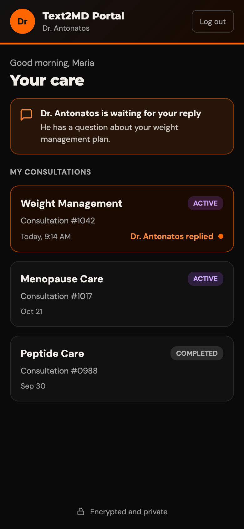 Text2MD patient dashboard with active and completed consultations