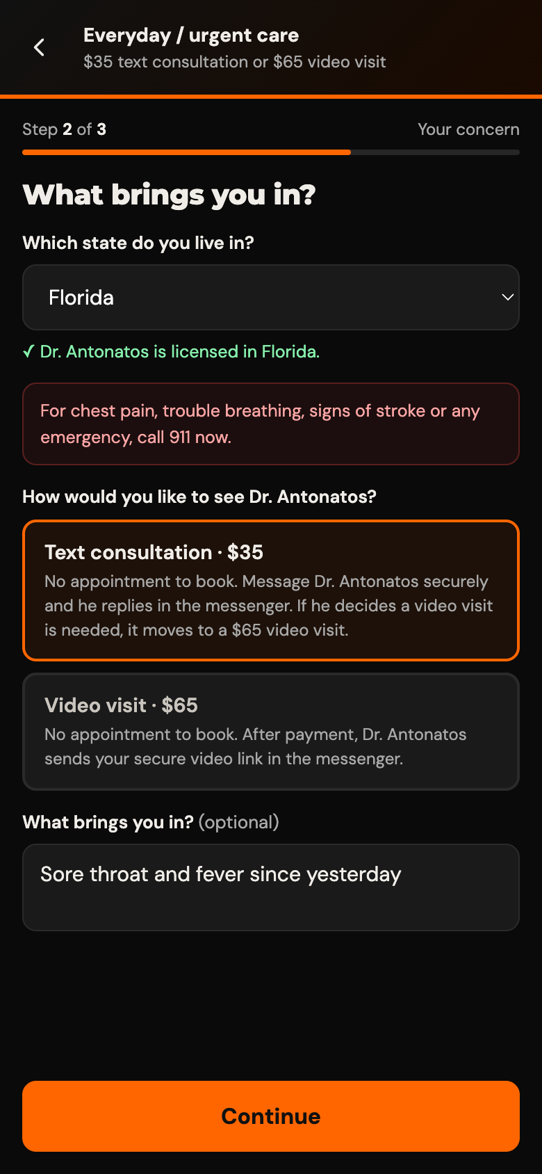 Everyday and urgent care screen offering text or video consultation