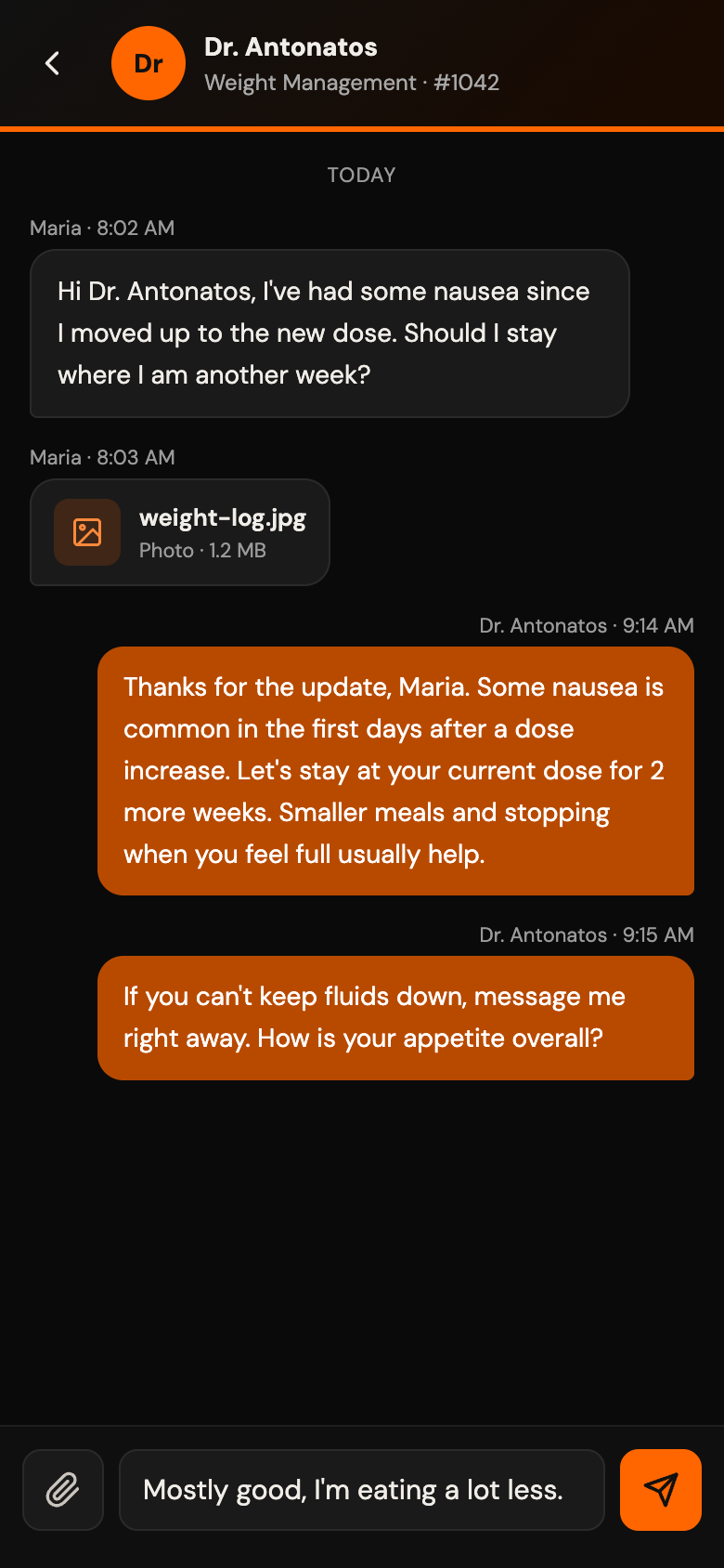 Illustrative patient and physician conversation in the Text2MD messenger