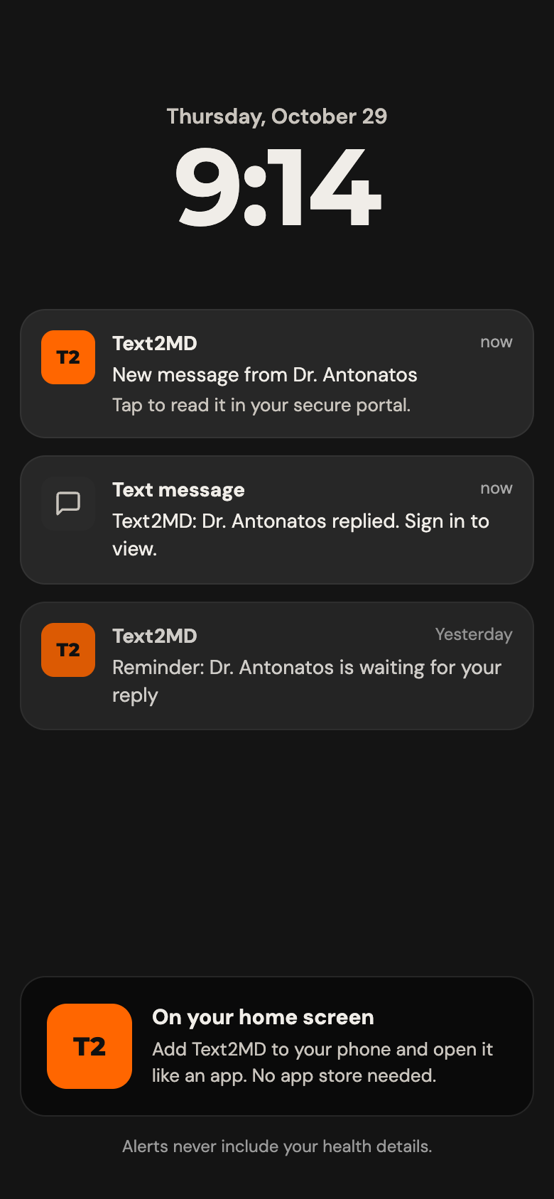 Example Text2MD phone notifications and home-screen app access