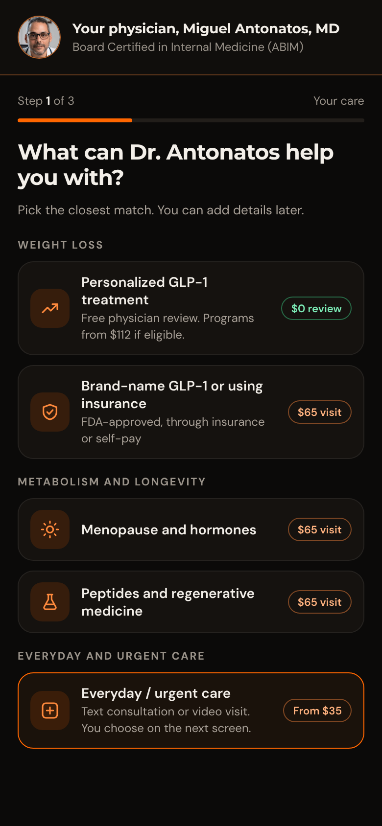 Text2MD selection screen with Everyday / urgent care selected, from $35