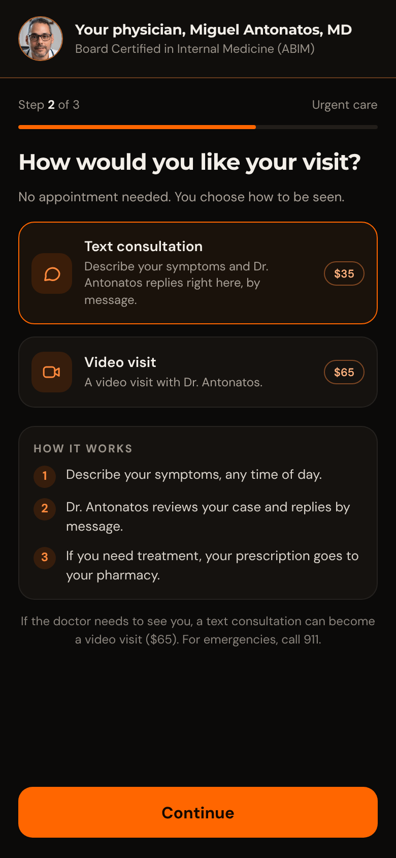 Text2MD screen offering a $35 text consultation or a $65 video visit