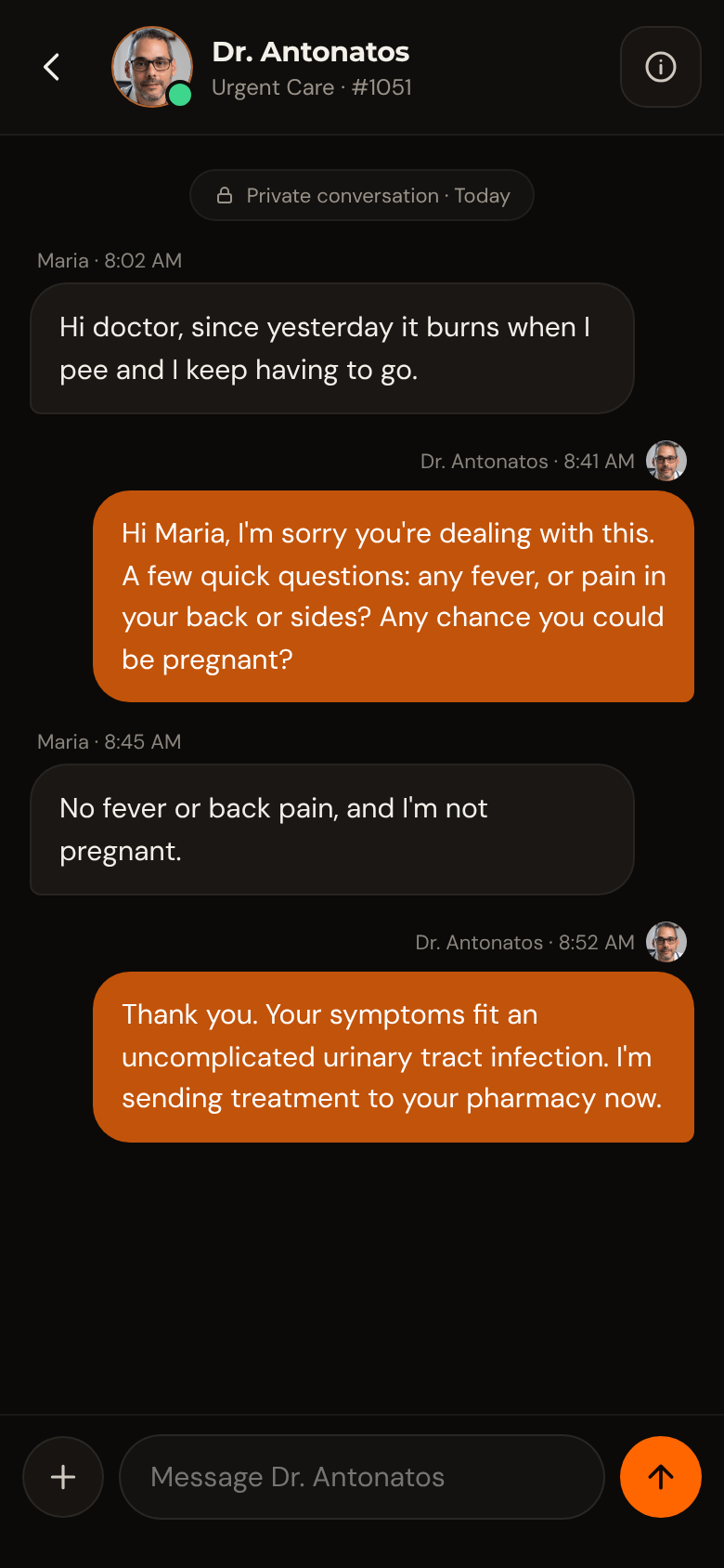 Illustrative text consultation about urinary symptoms and relevant physician follow-up questions