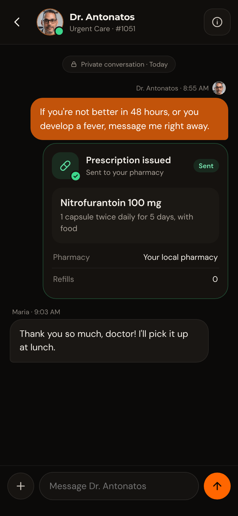 Illustrative Text2MD urgent-care conversation showing a prescription card and pharmacy details