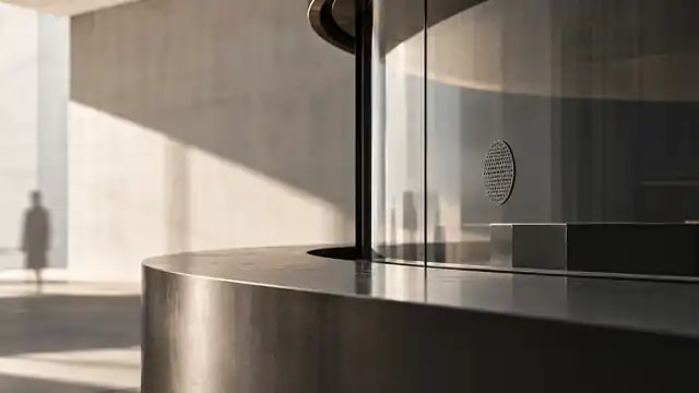 Minimal glass service partition with an intercom and a distant human silhouette