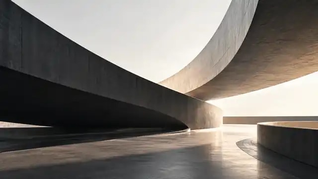 Two sweeping concrete architectural forms converging in light and shadow
