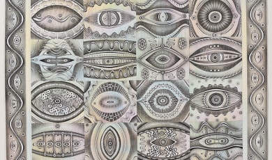 Watching You quilt photo showing an abstract quilt in grey and white.