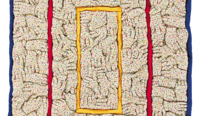 Hand Made Garden Quilt made with gloves with blue, red and yellow border.