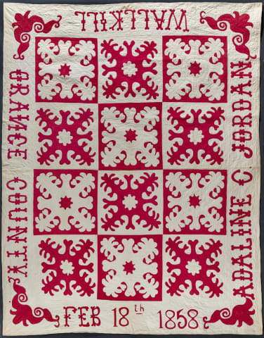 Fleur de Lis Adaline C. Jordan (1828 - 1896) Wallkill, New York Dated February 18, 1858 Cotton; Hand appliquéd, hand quilted Gift of Joanna S. Rose, IQM 2022.001.0013