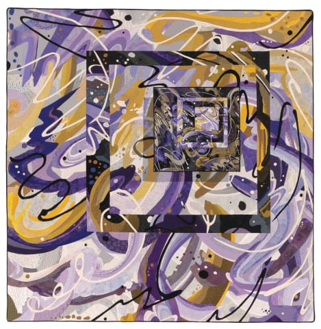 Con Brio - With Spirit quilt photo showing an abstract quilt in purple and yellow swirls. 