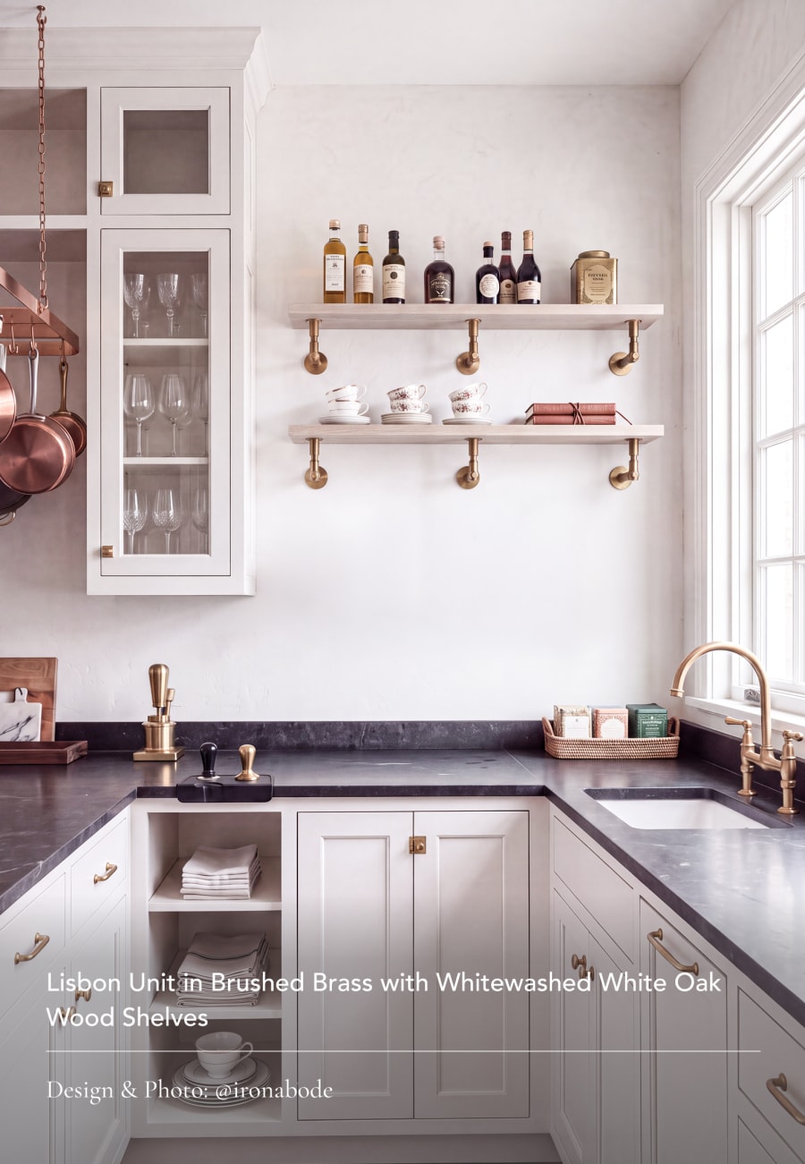 Lisbon Unit in Brushed Brass with Whitewashed White Oak Wood Shelves. Design & Photo: @ironabode