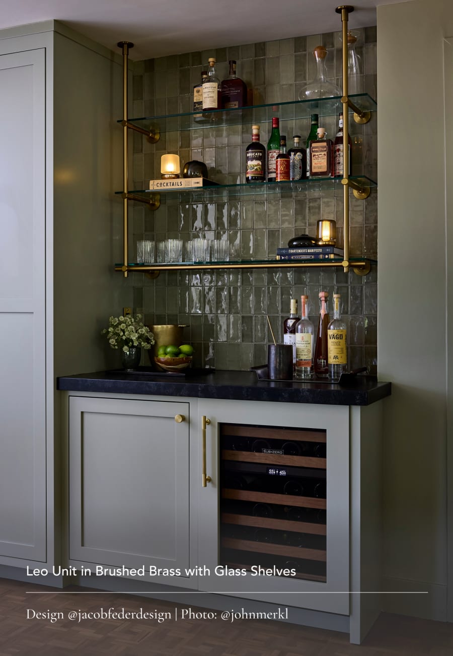Leo Unit in Brushed Brass with Glass Shelves. Design @jacobfederdesign | Photo: @johnmerkl