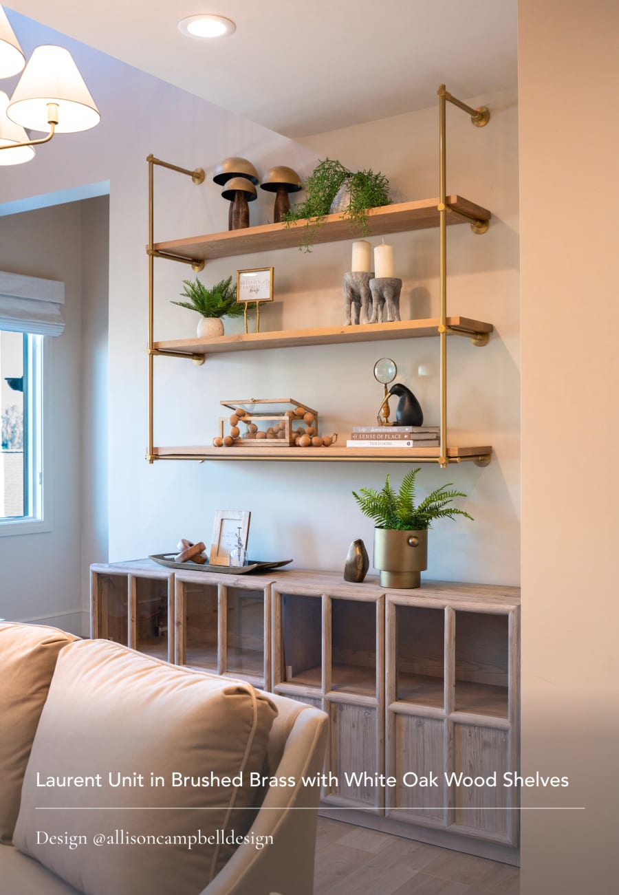 Laurent Unit in Brushed Brass with White Oak Wood Shelves. Design @allisoncampbelldesign