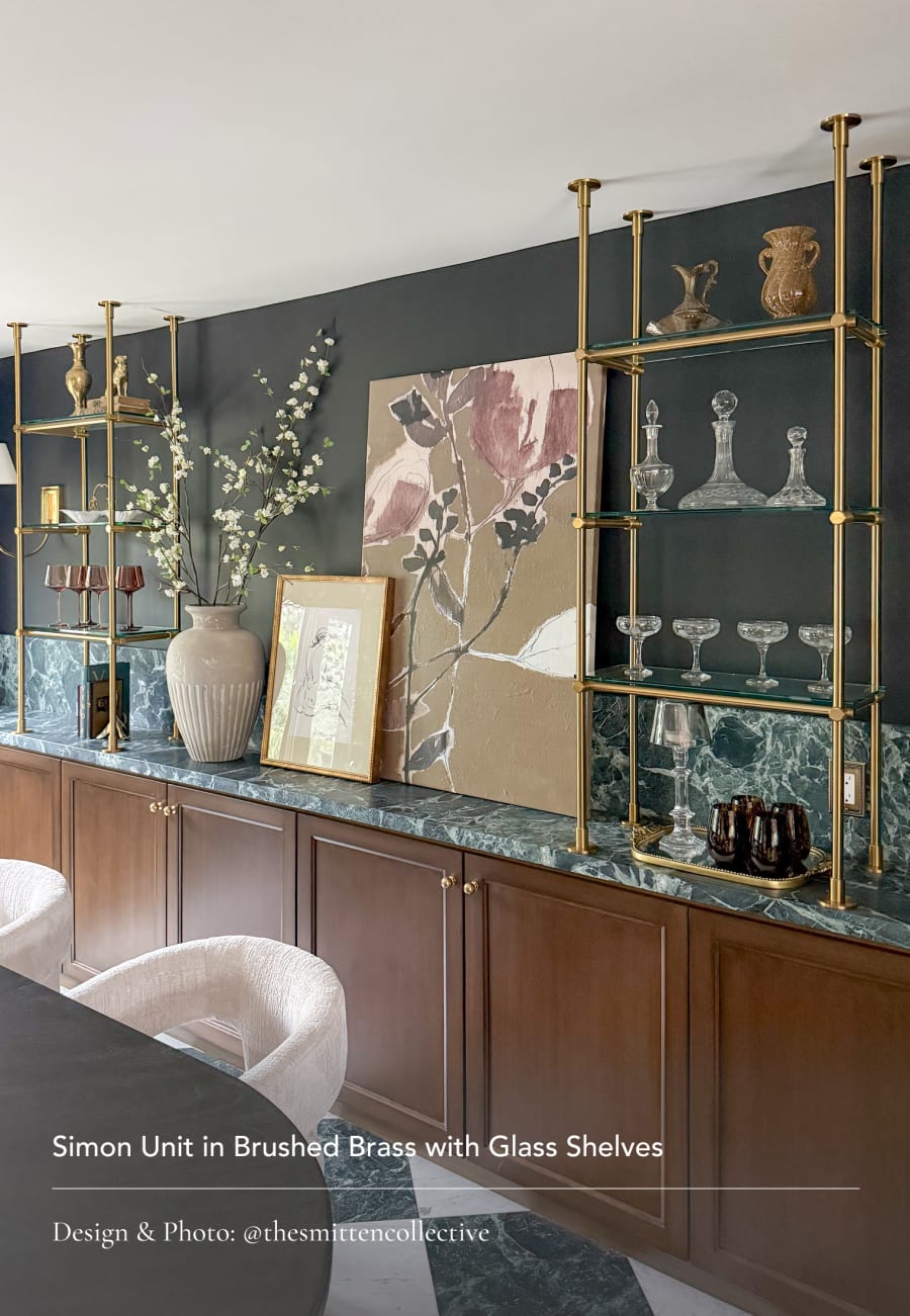 Simon Unit in Brushed Brass with Glass Shelves. Design & Photo: @thesmittencollective