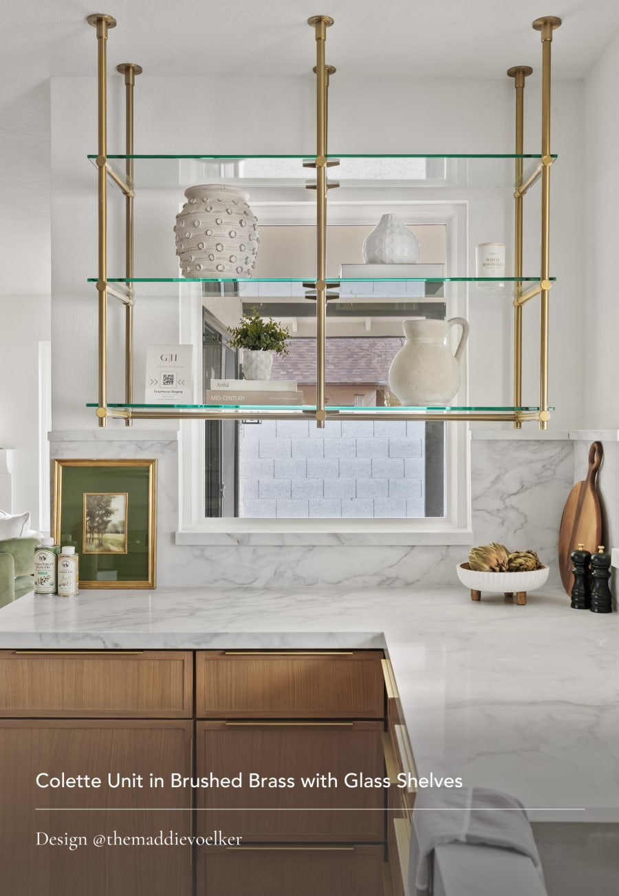 Colette Unit in Brushed Brass with Glass Shelves. Design @themaddievoelker