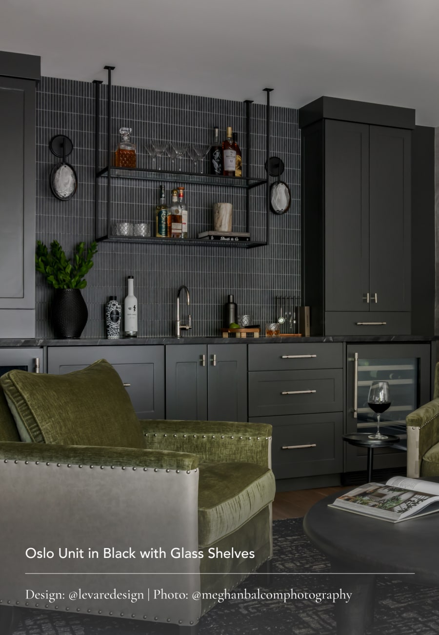 Oslo Unit in Black with Glass Shelves. Design: @levaredesign | Photo: @meghanbalcomphotography