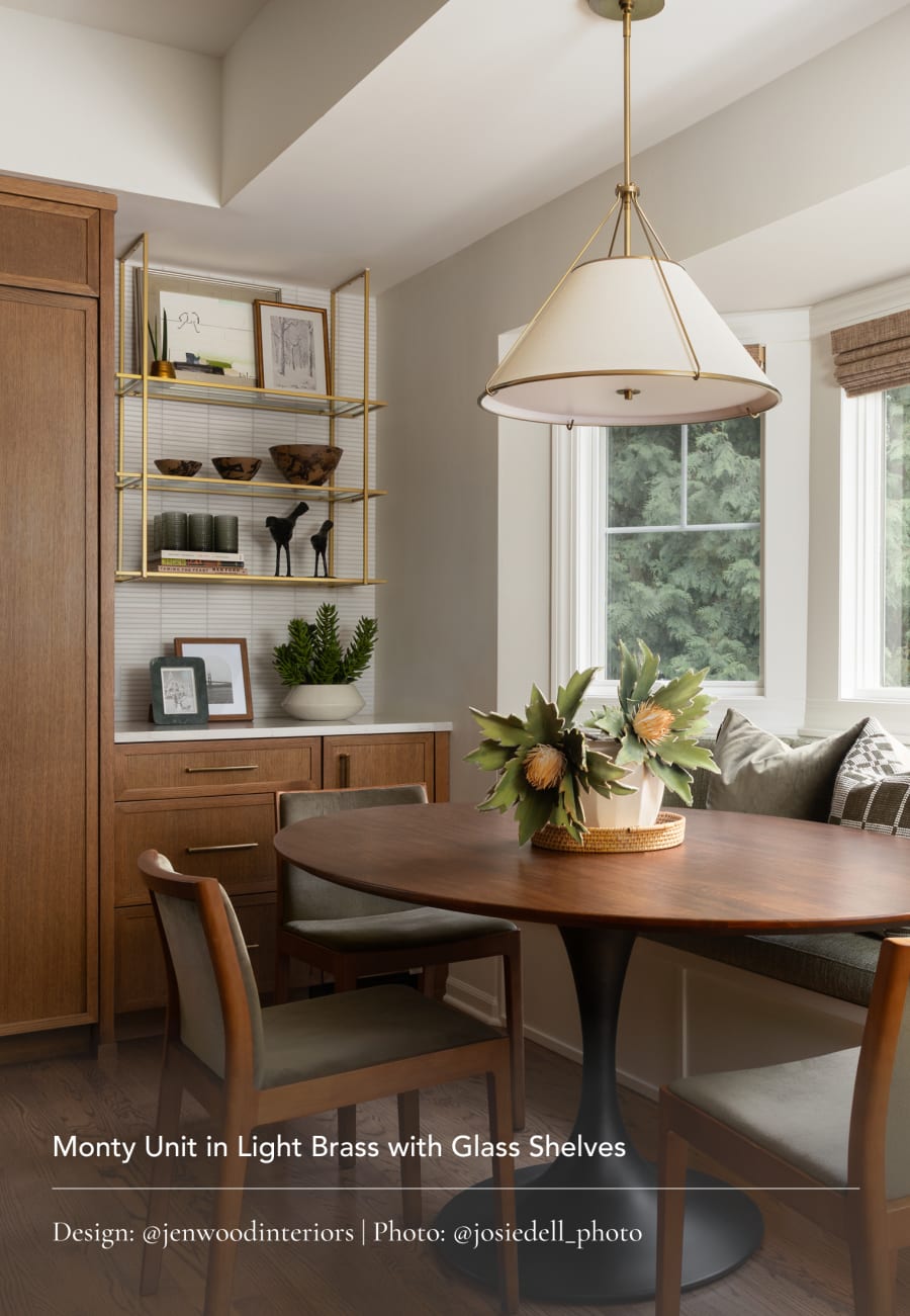 Monty Unit in Light Brass with Glass Shelves. Design: @jenwoodinteriors | Photo: @josiedell_photo