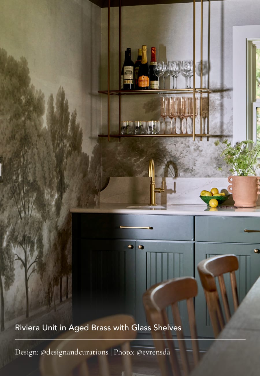 Riviera Unit in Aged Brass with Glass Shelves. Design: @designandcurations | Photo: @evrensda