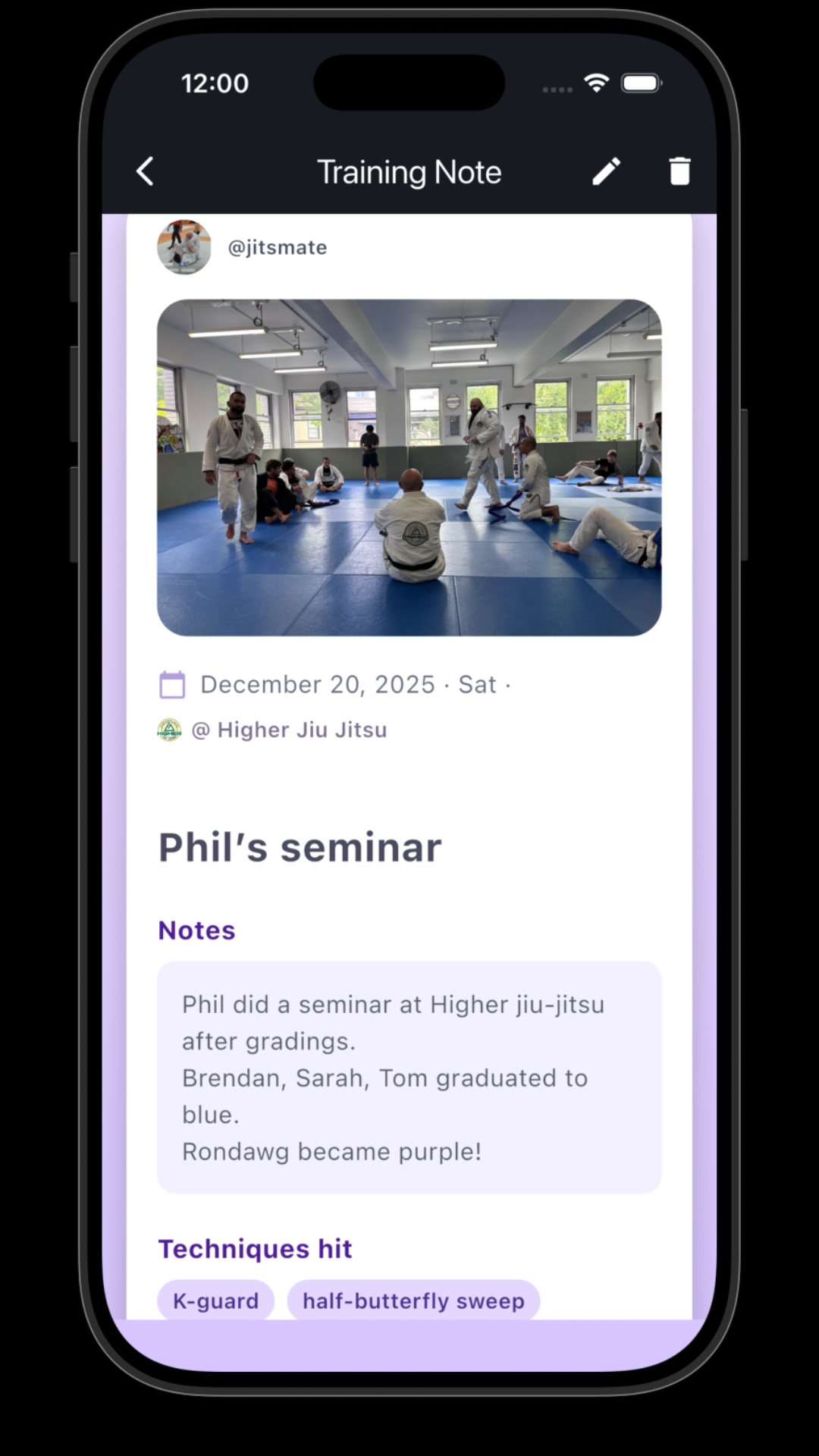 RollCall mobile app training notes list