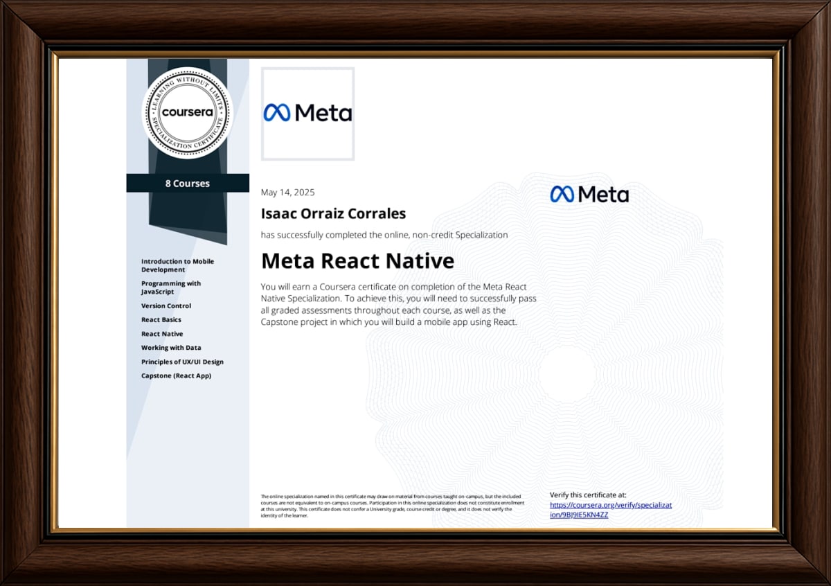 Meta React Native Specialization - Certificate in frame