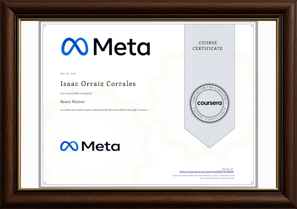 React Native - Certificate in frame
