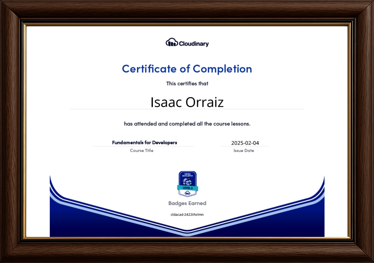 Cloudinary Fundamentals for Developers - Certificate in frame