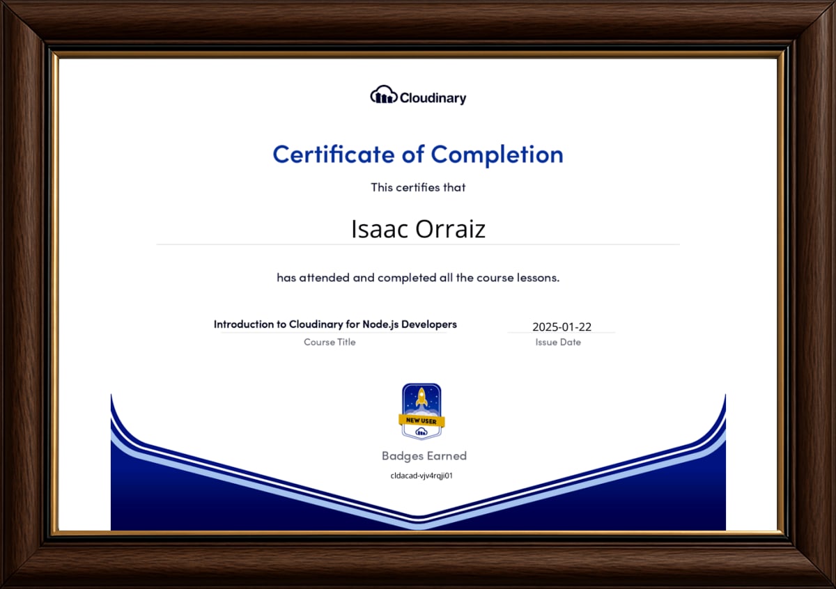 Introduction to Cloudinary for Node.js Developers - Certificate in frame
