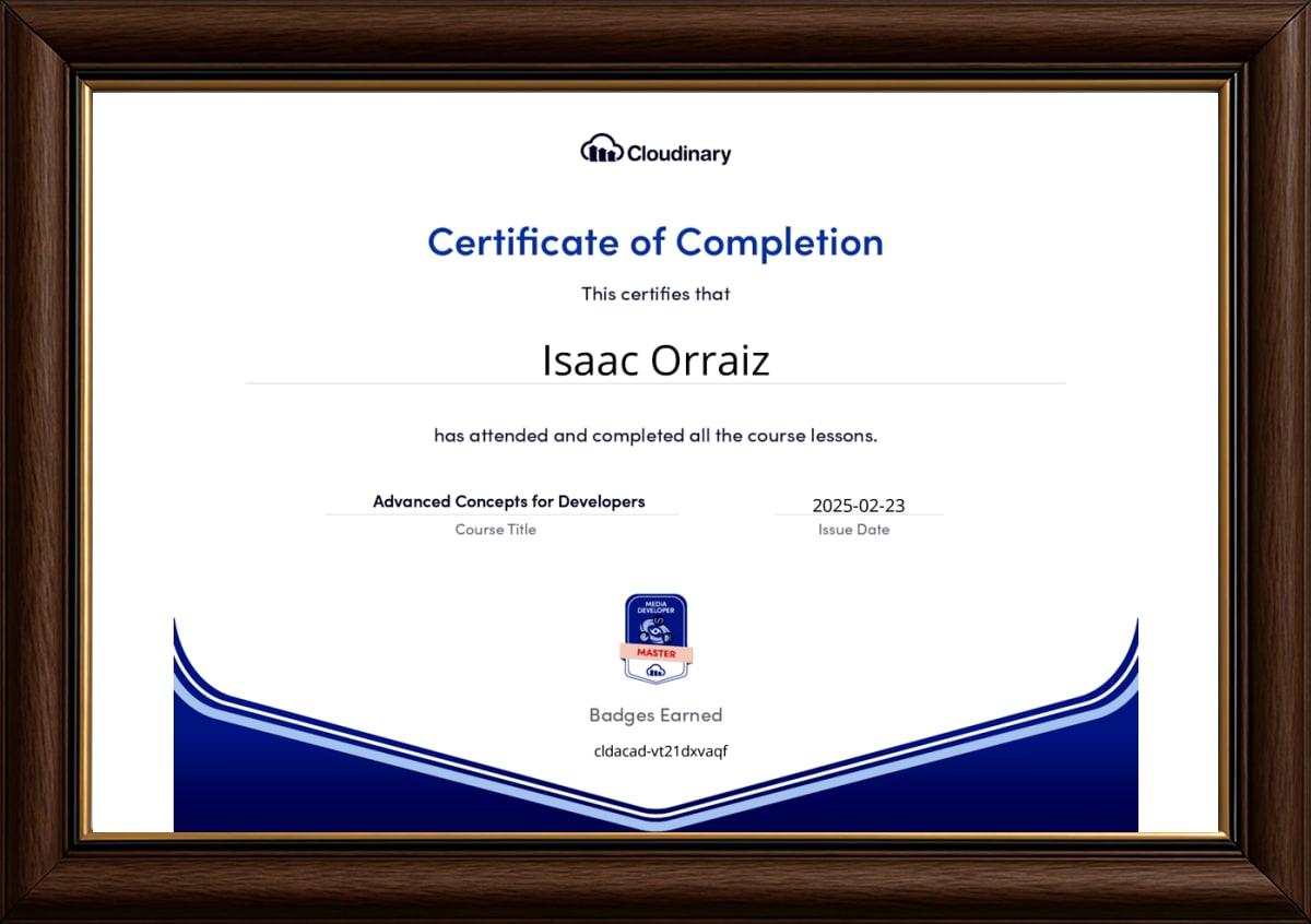 Cloudinary Advanced Concepts for Developers - Certificate in frame
