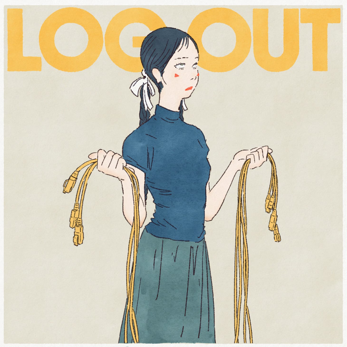 LOGOUTという文字とLANケーブルを両手に複数本ずつ持った三つ編みの人間の絵