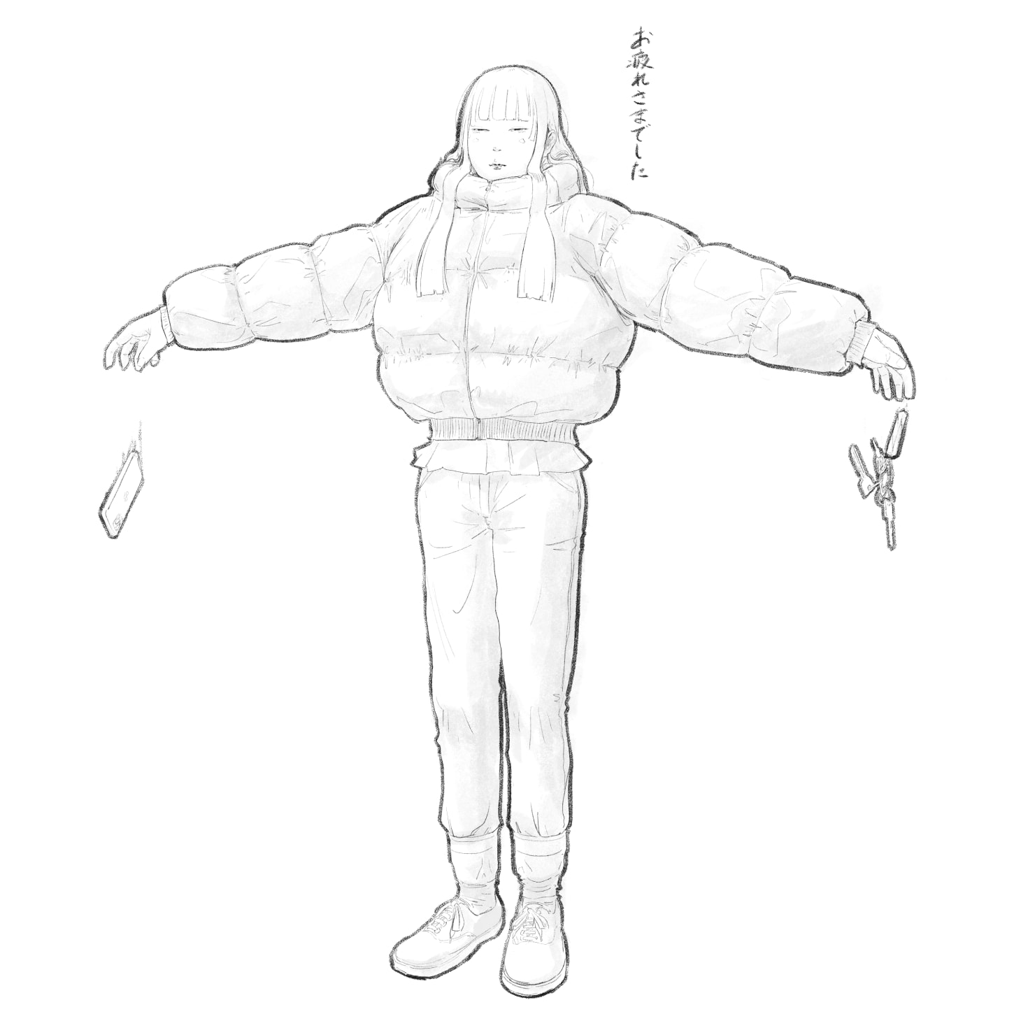 棒立ちで両手をだらしなく広げて鍵と携帯電話を下に落としている丸々した丈の短いダウンジャケットに細目のパンツを合わせて裾を靴下の中に入れた前髪のそろった長髪の人間の全身の線画