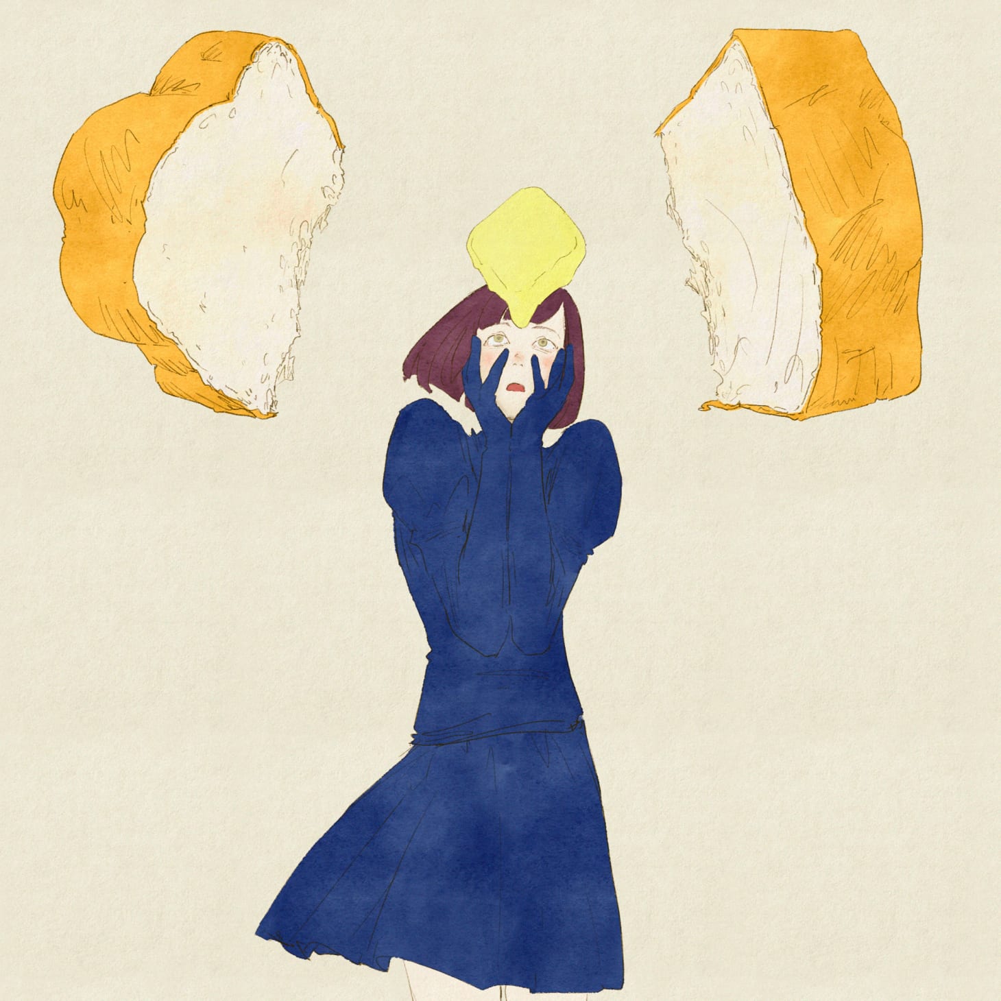 宙に浮かぶ真っ二つの食パンと溶けかけるバターとそれを見て衝撃を受けたような表情で脇を締めて両手を両頬に当てている人間の絵