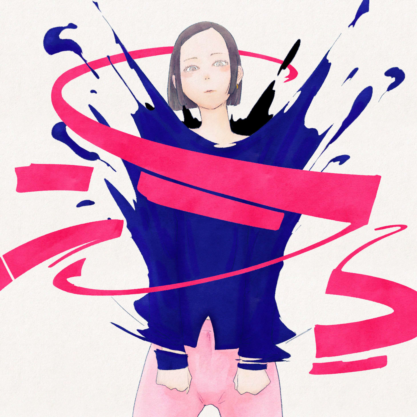 下から上の方に放射状に弾けとんでいるトップスを着た人間のイラストにグラフィティッぽい線が特に意図無く重なっているピンクと青を基調にした絵