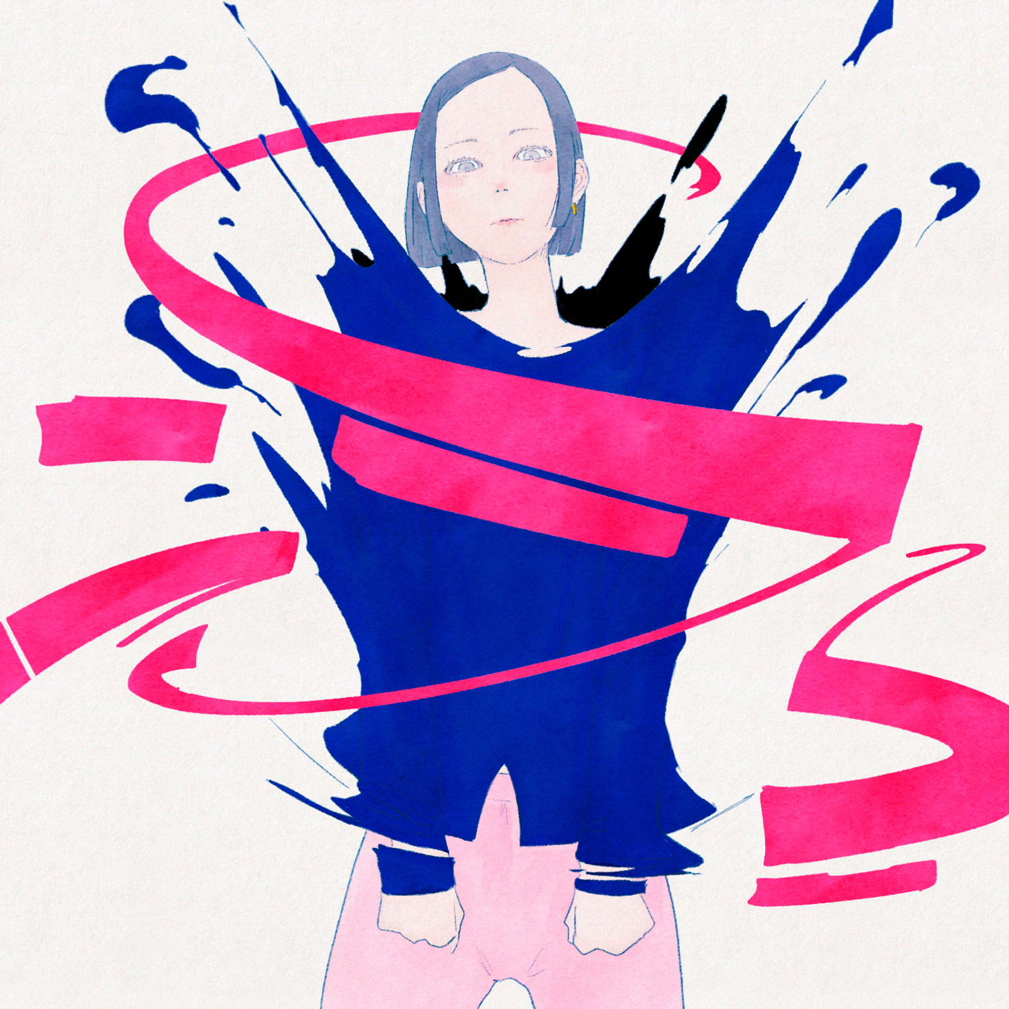 下から上の方に放射状に弾けとんでいるトップスを着た人間のイラストにグラフィティッぽい線が特に意図無く重なっているピンクと青を基調にした絵