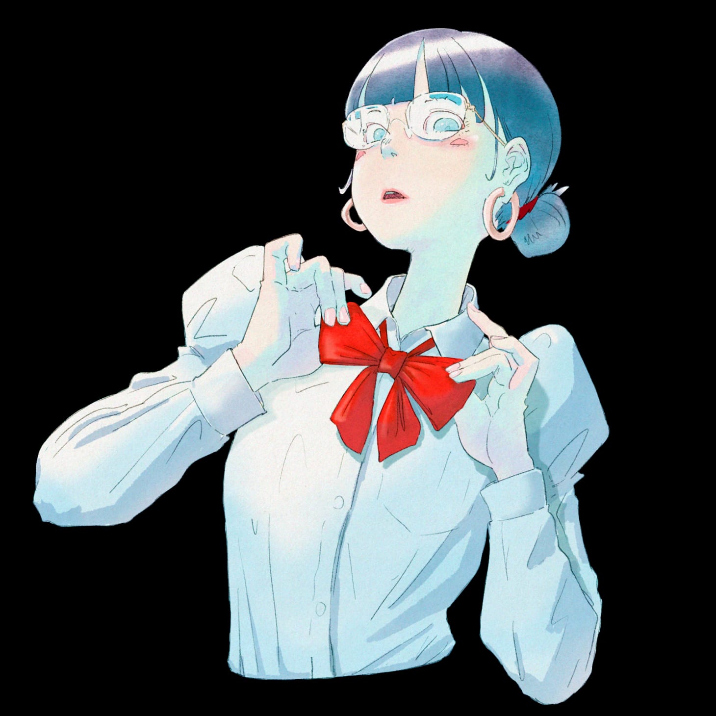 パフスリーブの長袖ブラウスを着てリボンタイの両端をひっぱっている髪を低めの団子にまとめたメガネ人間の絵