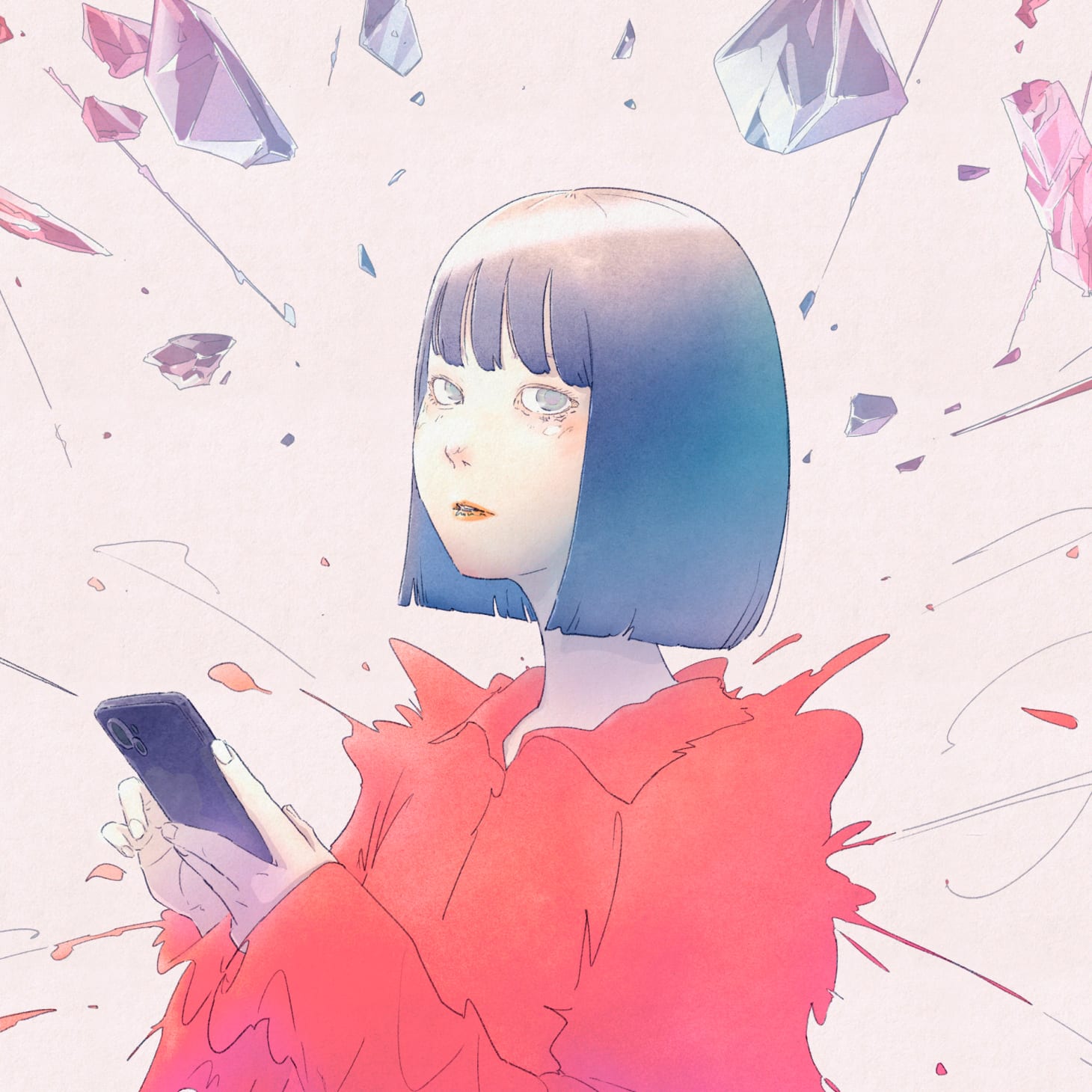 携帯をもったボブカットの女性の斜め向きのバストショット、背景に散乱したガラスのかけらのようなもの、赤い襟付きの服もシルエットが軽く漫画っぽく弾けている、背景は白、図の色調は青～紫、ピンク～赤