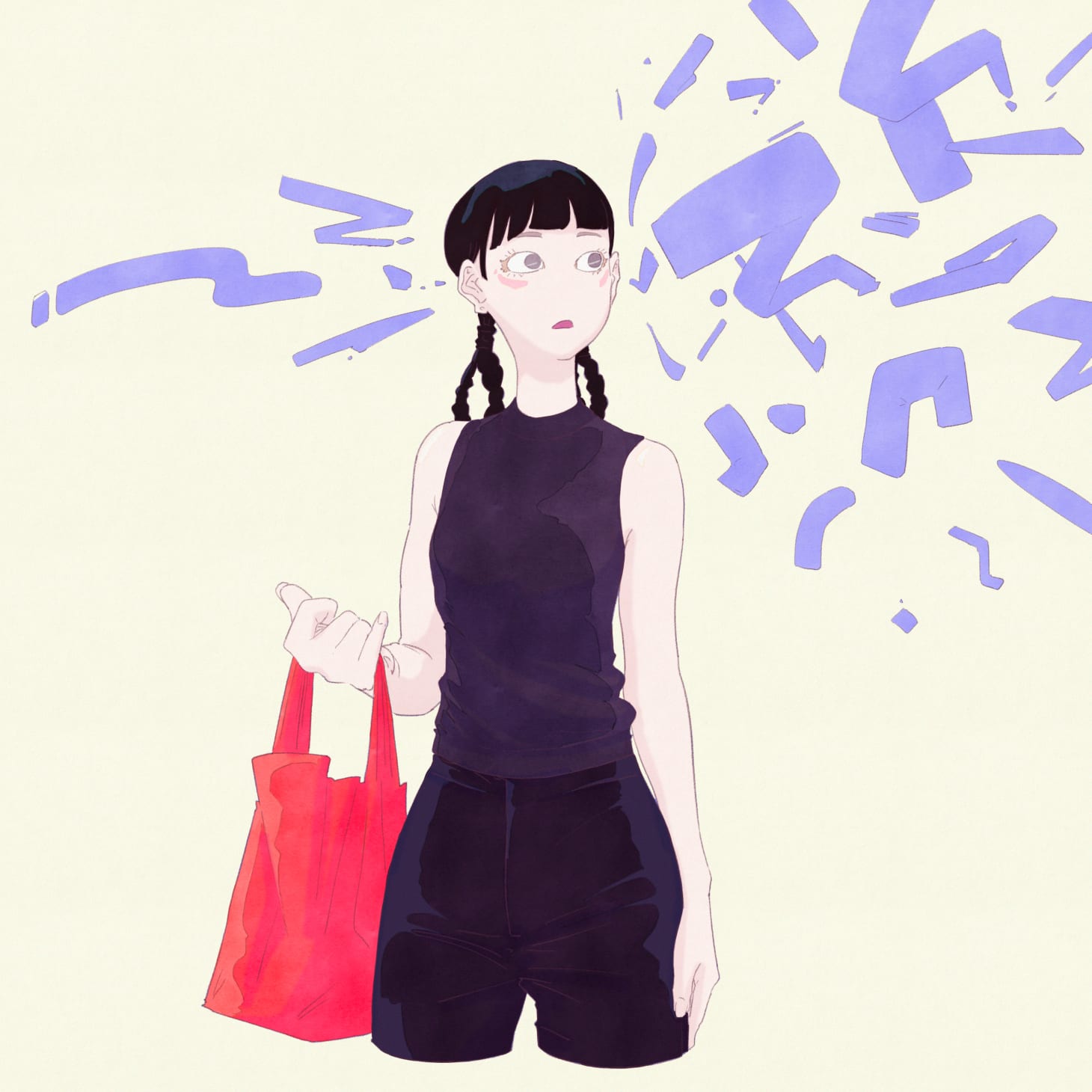 うっすら紫がかった黒のノースリーブに腰回りがタイトめのパンツを着て三つ編みを輪っかにくくったファッションの人間が赤いビニールっぽい素材のバッグを右手に持って左の方を見ており、その頭の右側から入って左側へ抜けて飛散する抽象的なフォルムが描かれたイラスト