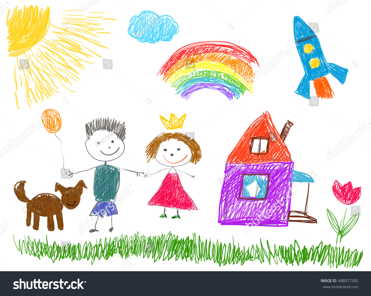 Boy with Balloon, Dog & Rocket