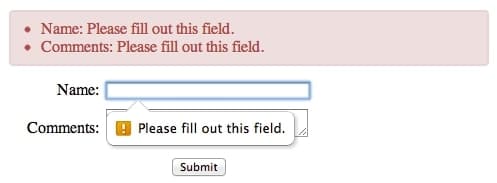 a form with an alert showing errors