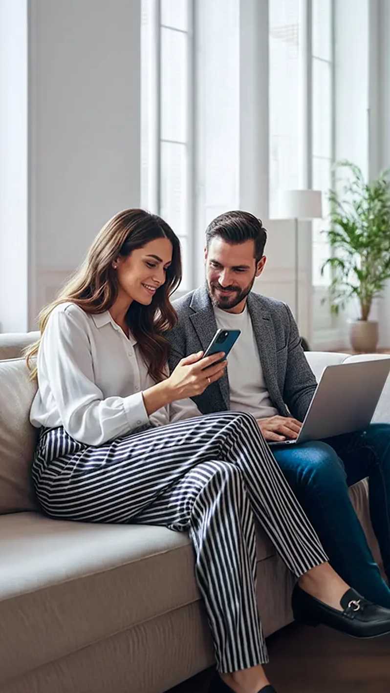 Cuplu care se uita pe un telefon mobil in canapea
